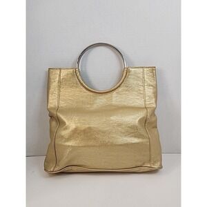 Faux Leather Metallic Goldtoned Purse W/Metal Ring Handles 14" X 12"